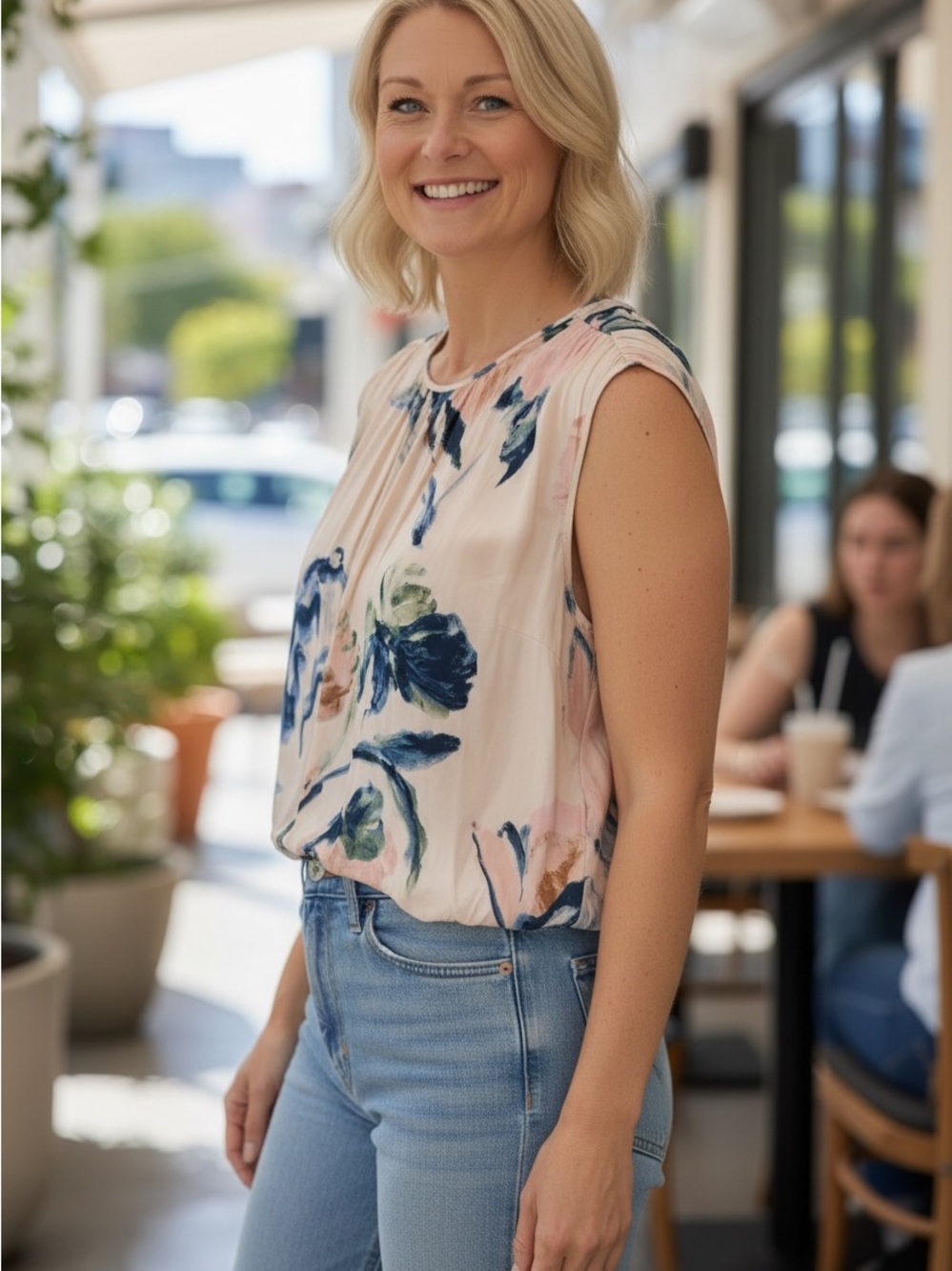 Sleeveless Pink Floral-Print Blouse with Blue Brushstroke Accents